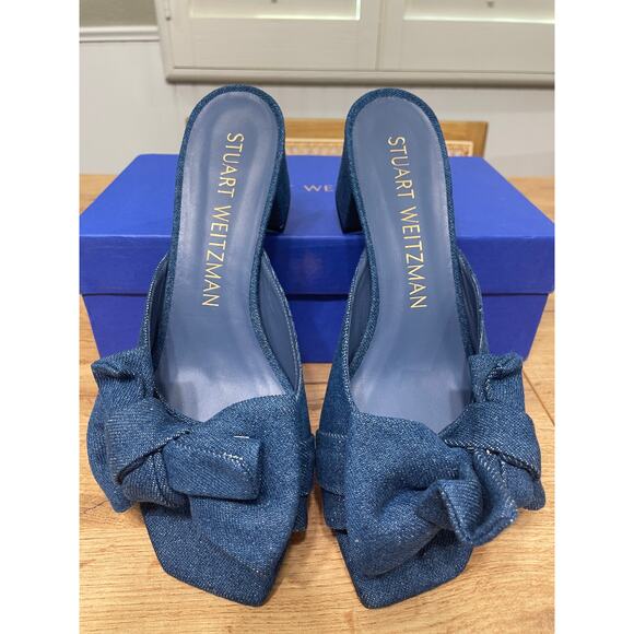 Stuart Weitzman Love Knot 50 Block Slide Vintage Denim Indigo Size 9.5 NIB - Picture 5 of 14